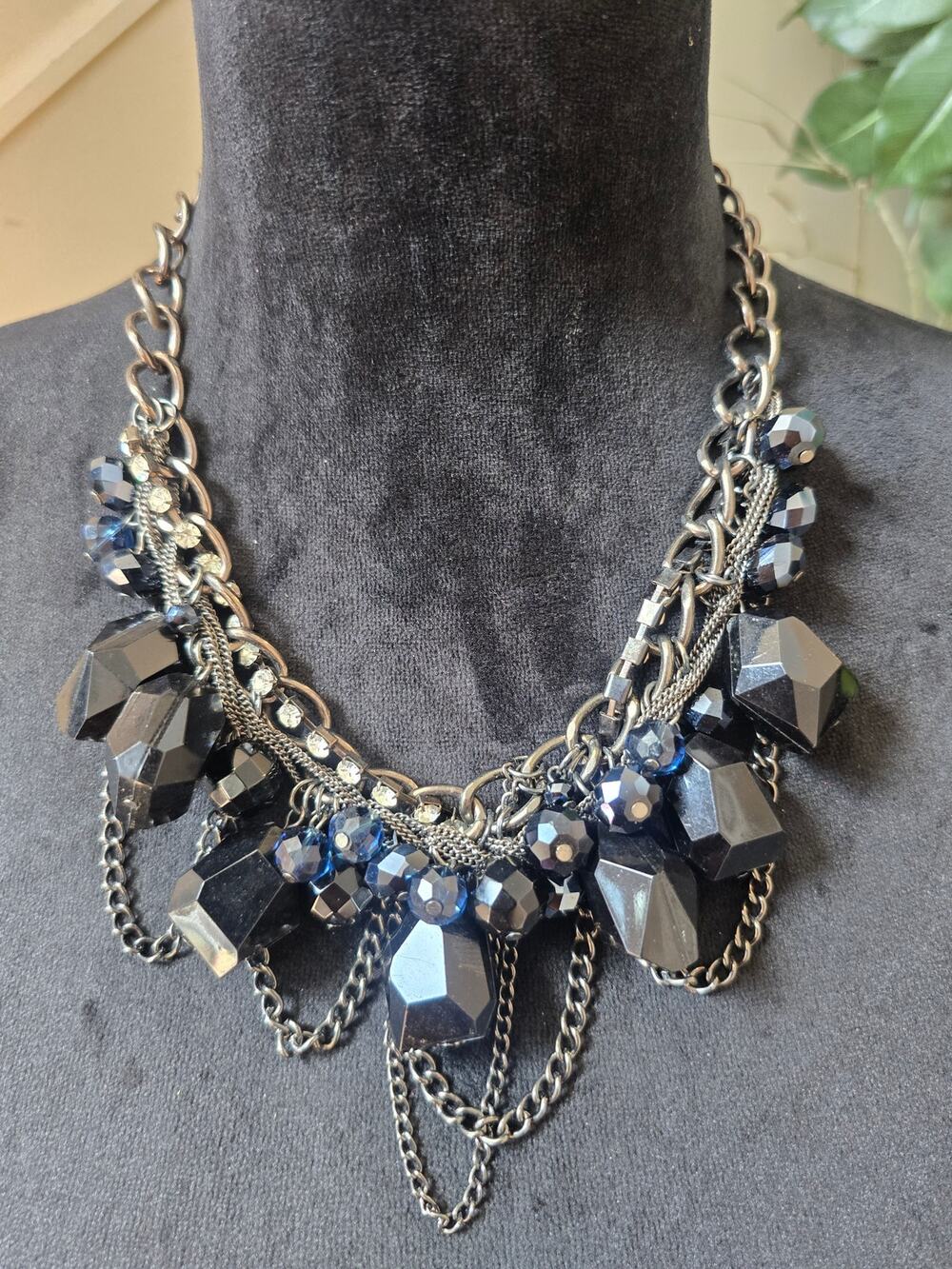 Black Blue Beaded Chain Fringe Statement Necklace